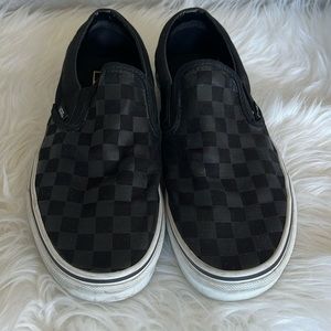 Vans classic slip ons, checkered pattern in black and gray, great condition.